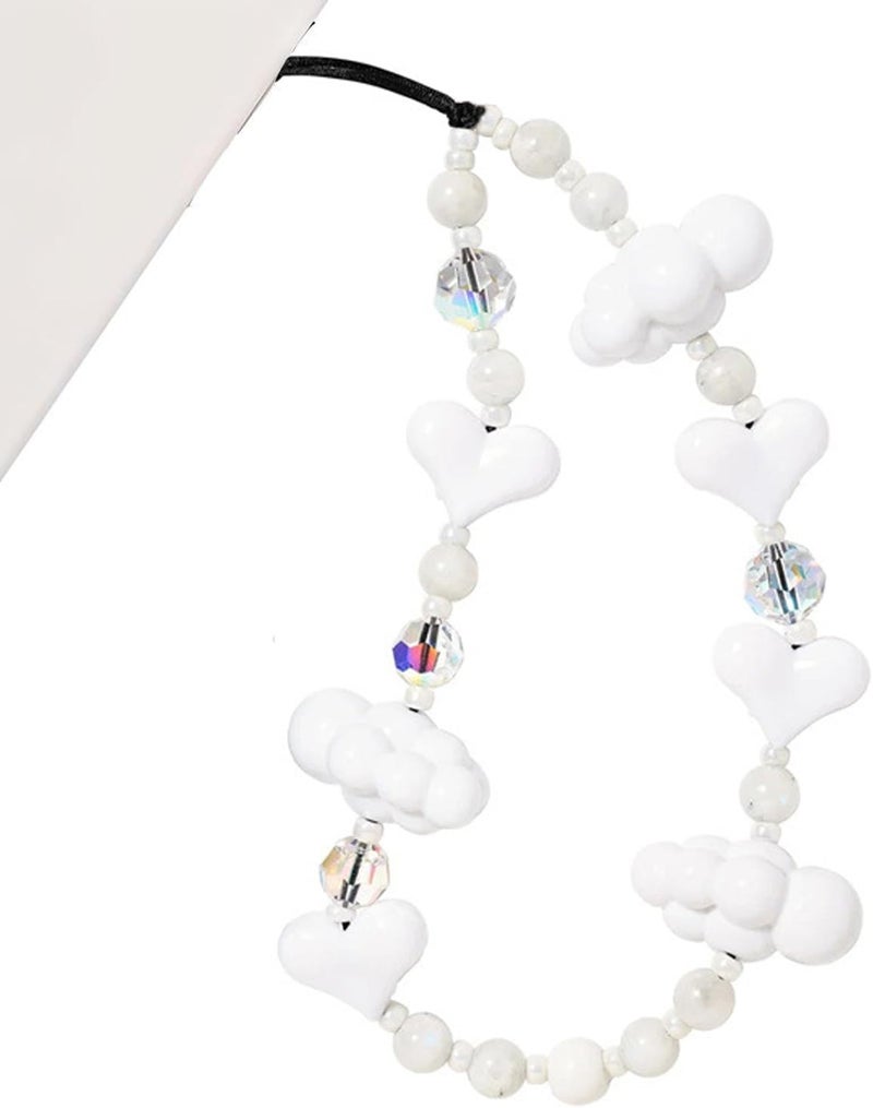 WCCH Beaded Phone Charm Y2K Kawaii Handmade Acrylic Phone Lanyard Wrist Strap for Camera Bag Airpods Keychain Charm White Heart and White Cloud - Image 1